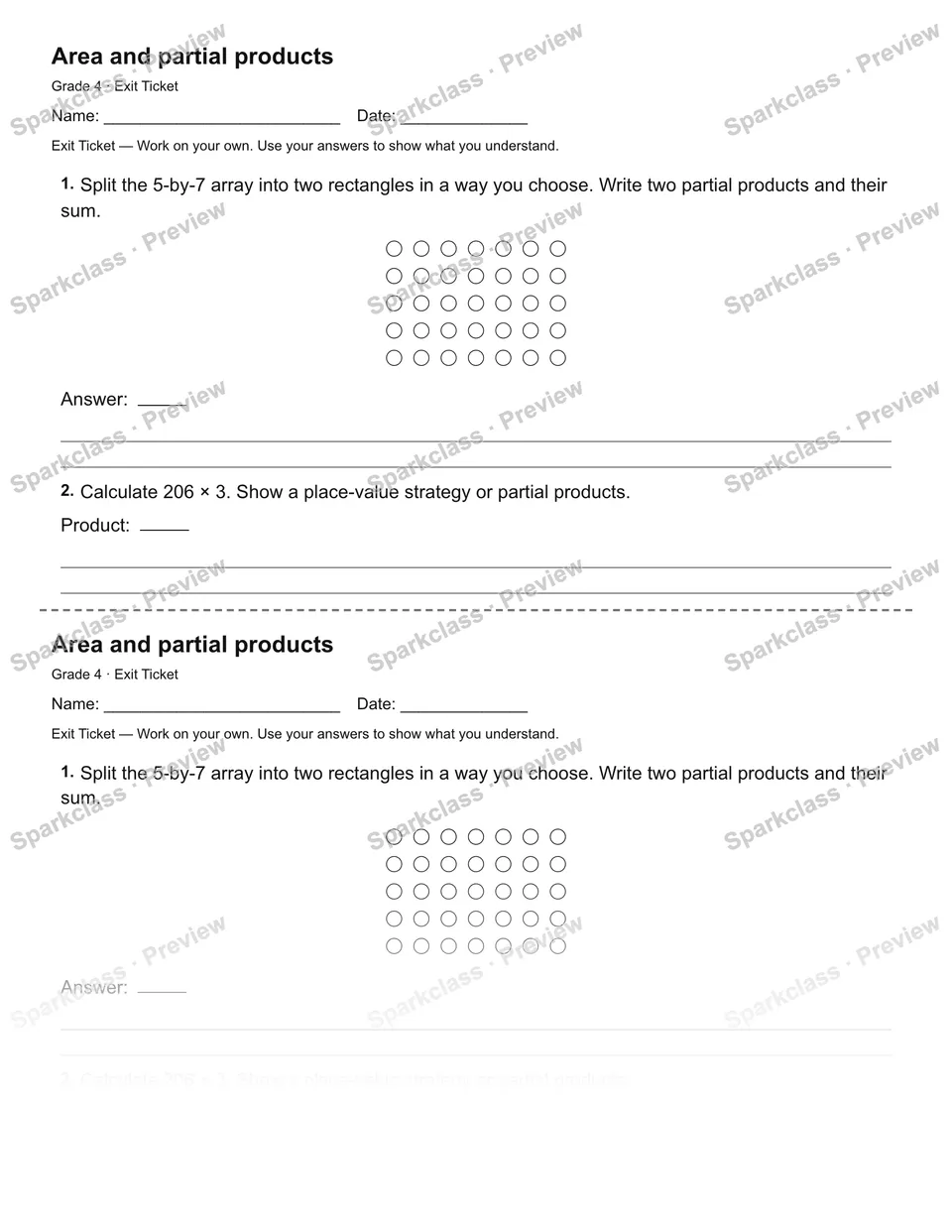 Area and partial products — Exit Ticket — Grade 4 worksheet preview