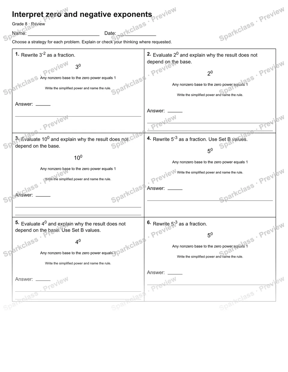 Interpret zero and negative exponents — Review — Grade 8 worksheet preview