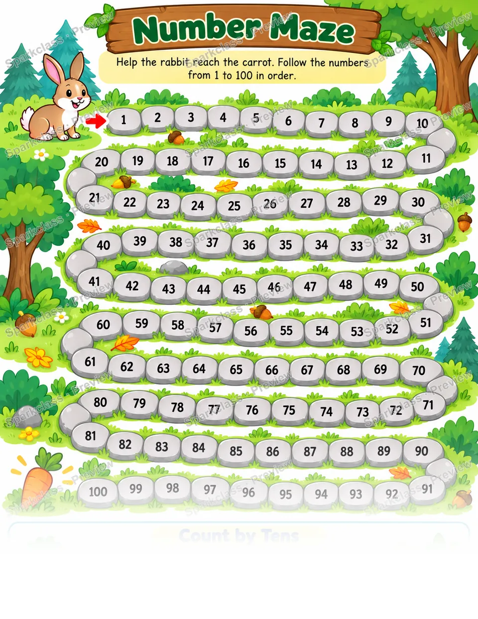 Count to 100 · Woodland Number Maze — Kindergarten worksheet preview