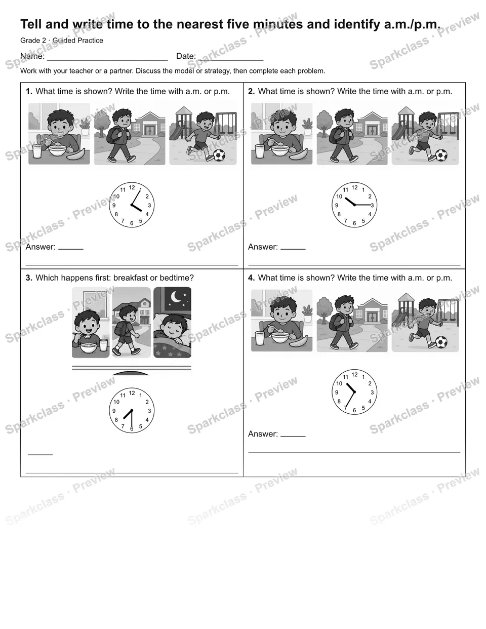 Tell and write time to the nearest five minutes and identify a.m./p.m. — Guided Practice — Grade 2 worksheet preview