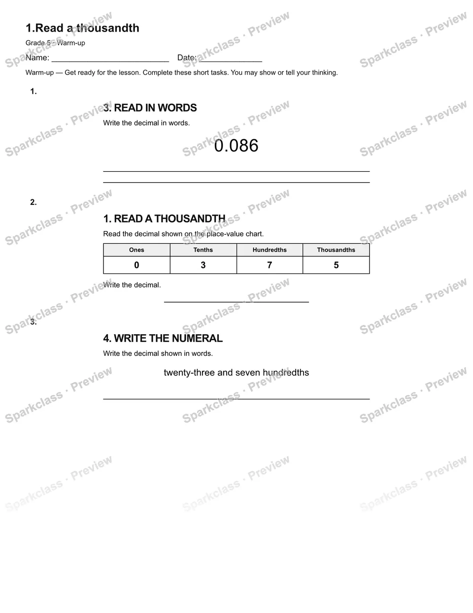 1.Read a thousandth — Warm-up — Grade 5 worksheet preview