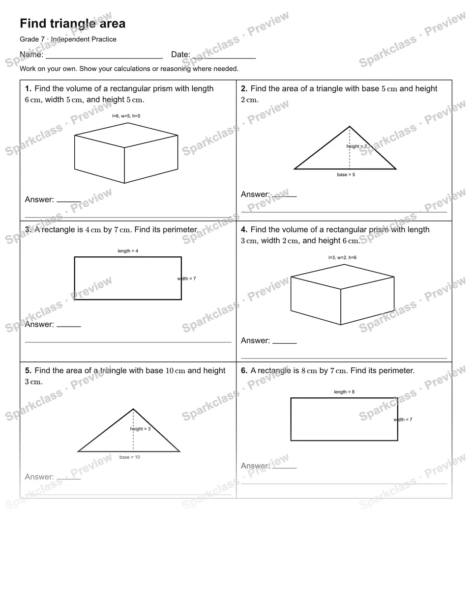 Find triangle area — Independent Practice — Grade 7 worksheet preview
