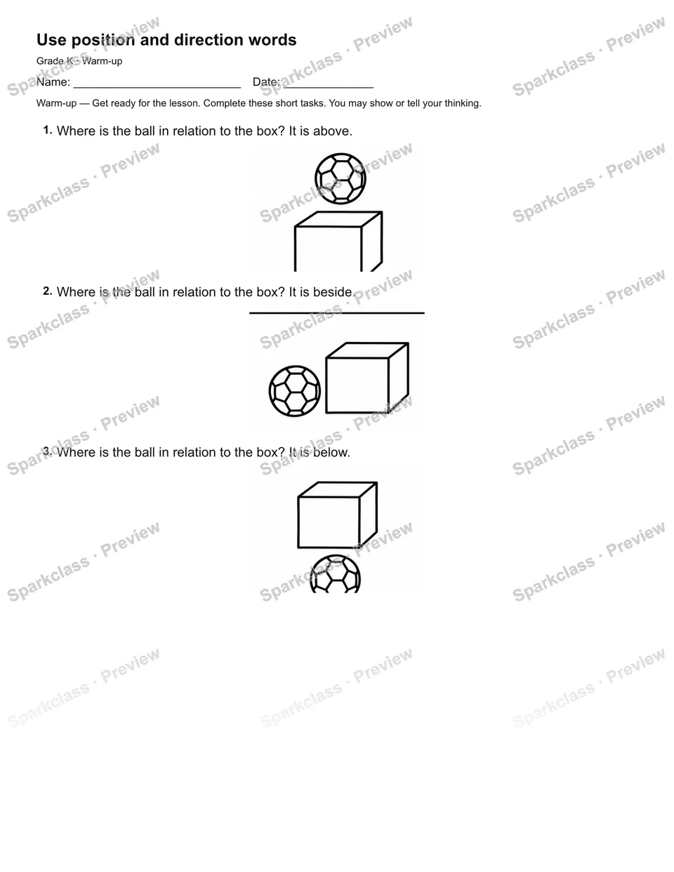 Use position and direction words — Warm-up — Kindergarten worksheet preview
