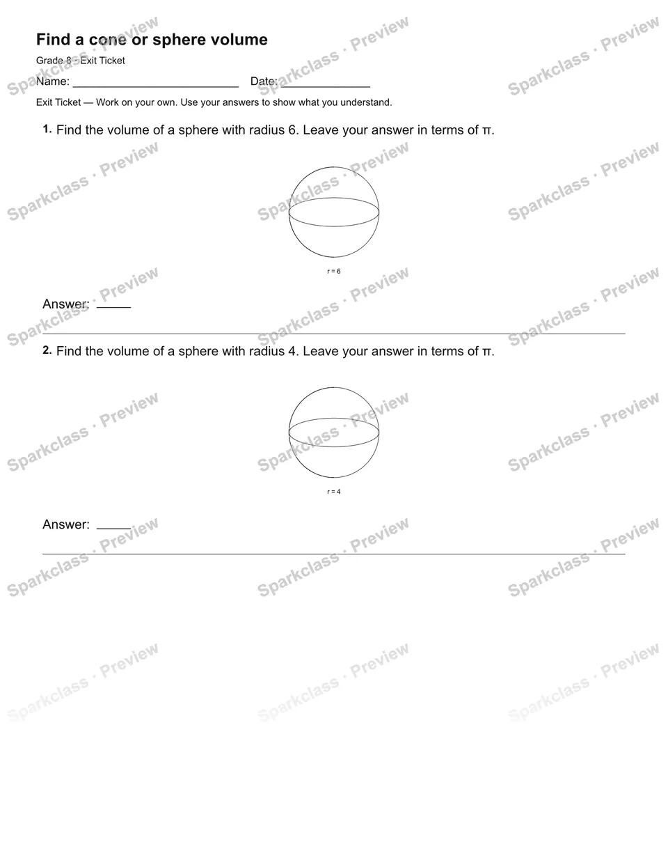 Find a cone or sphere volume — Exit Ticket — page 2
