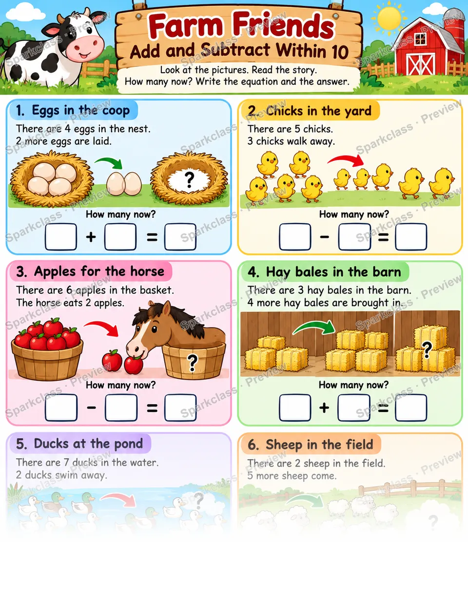 Add and Subtract Within 10 · Farm Friends — Kindergarten worksheet preview