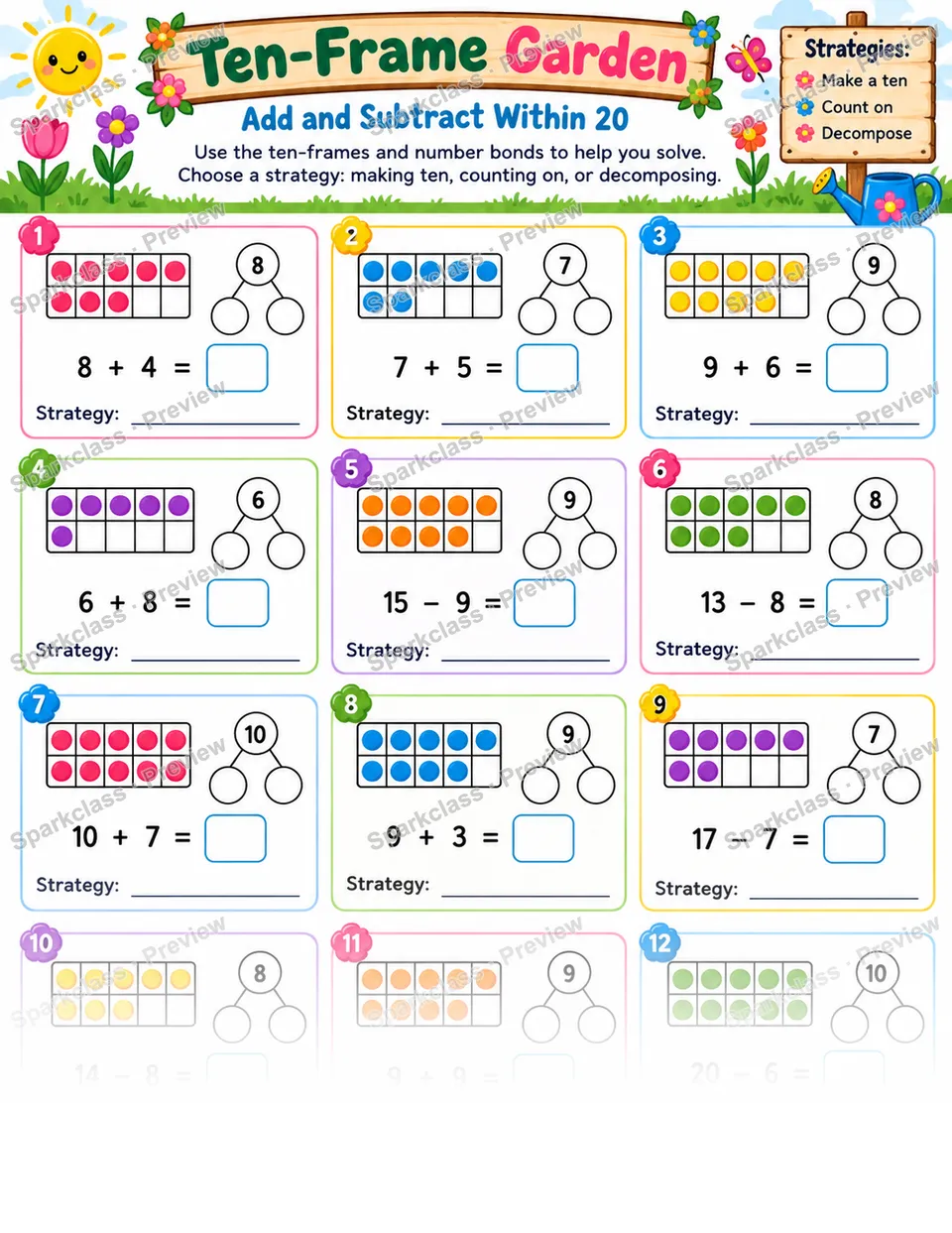 Ten Frame Add Subtract Within 20 — Grade 1 worksheet preview