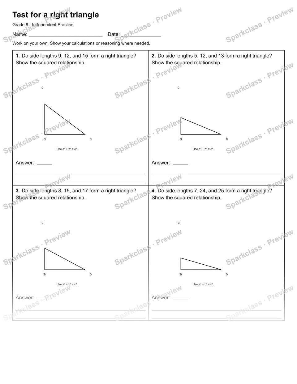 Test for a right triangle — Independent Practice — Grade 8 worksheet preview