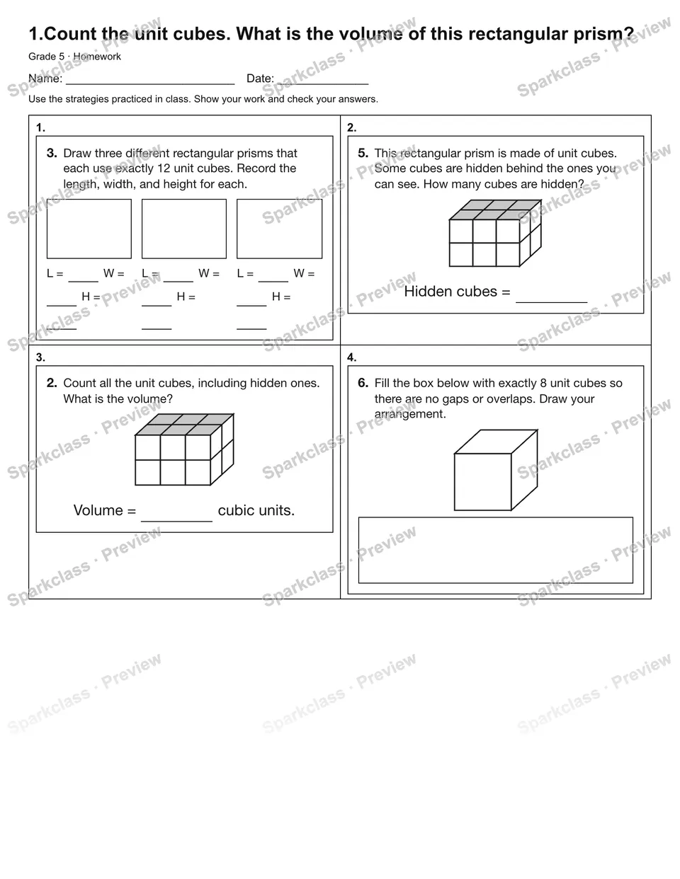 1.Count the unit cubes. What is the volume of this rectangular prism? — Homework — Grade 5 worksheet preview