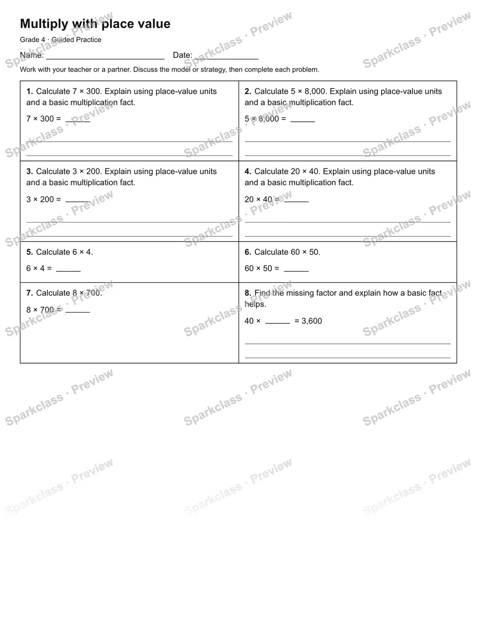 Multiply with place value — Guided Practice — Grade 4 worksheet preview