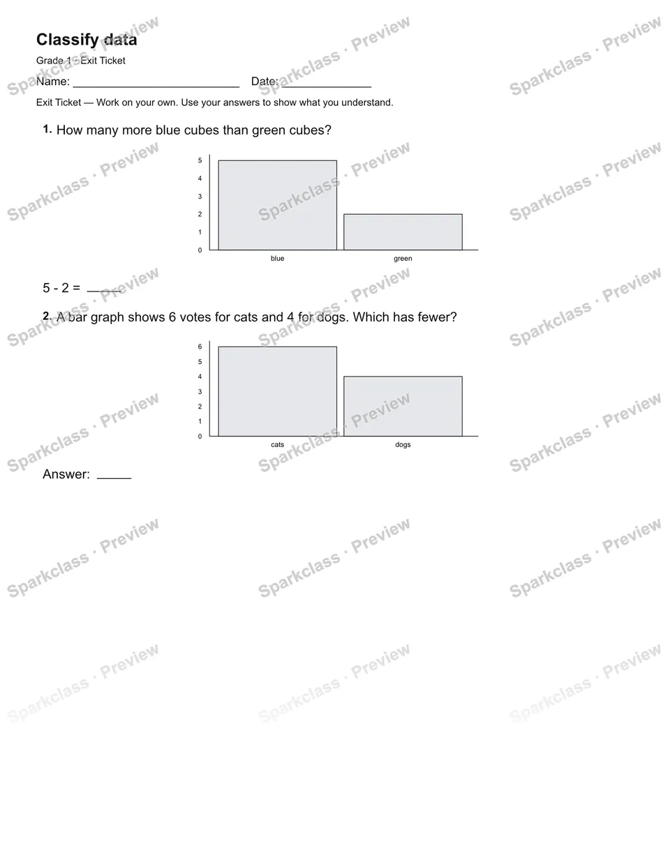 Classify data — Exit Ticket — Grade 1 worksheet preview