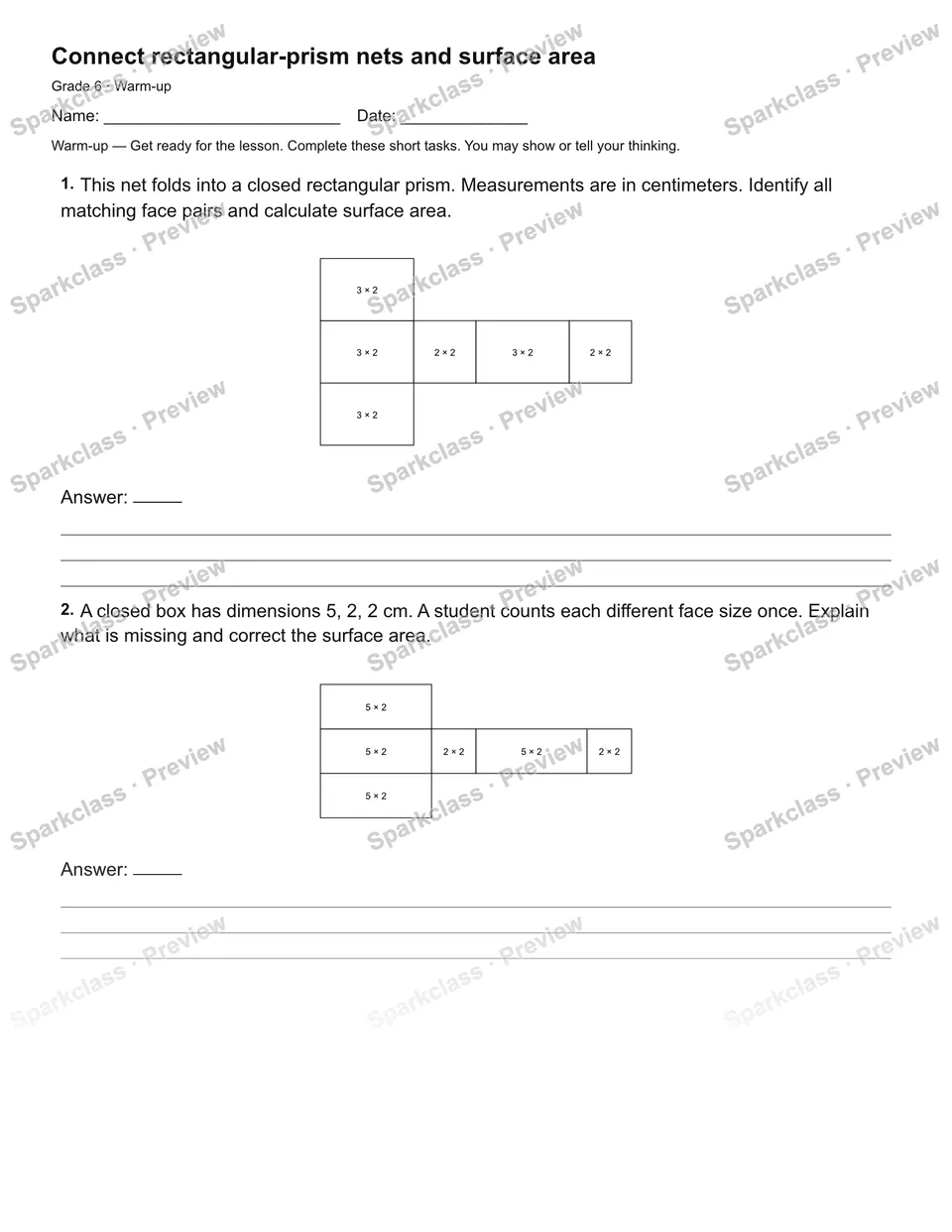 Connect rectangular-prism nets and surface area — Warm-up — page 2