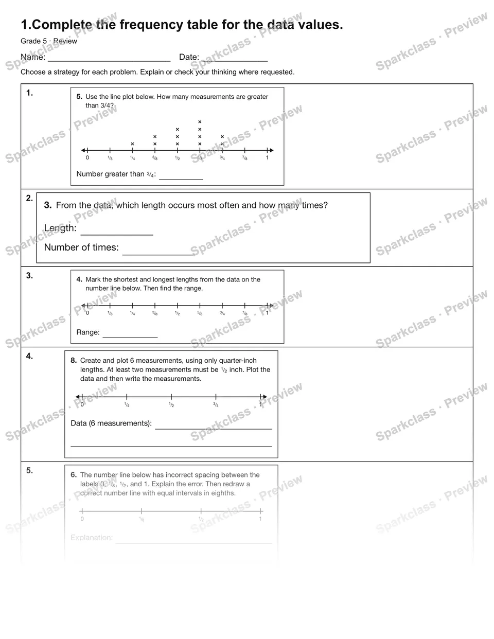 1.Complete the frequency table for the data values. — Review — Grade 5 worksheet preview