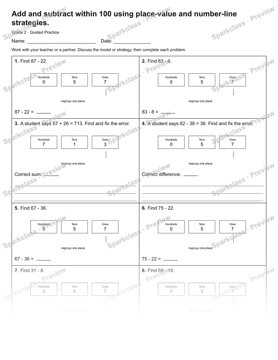 Add and subtract within 100 using place-value and number-line strategies. — Guided Practice — Grade 2 worksheet preview