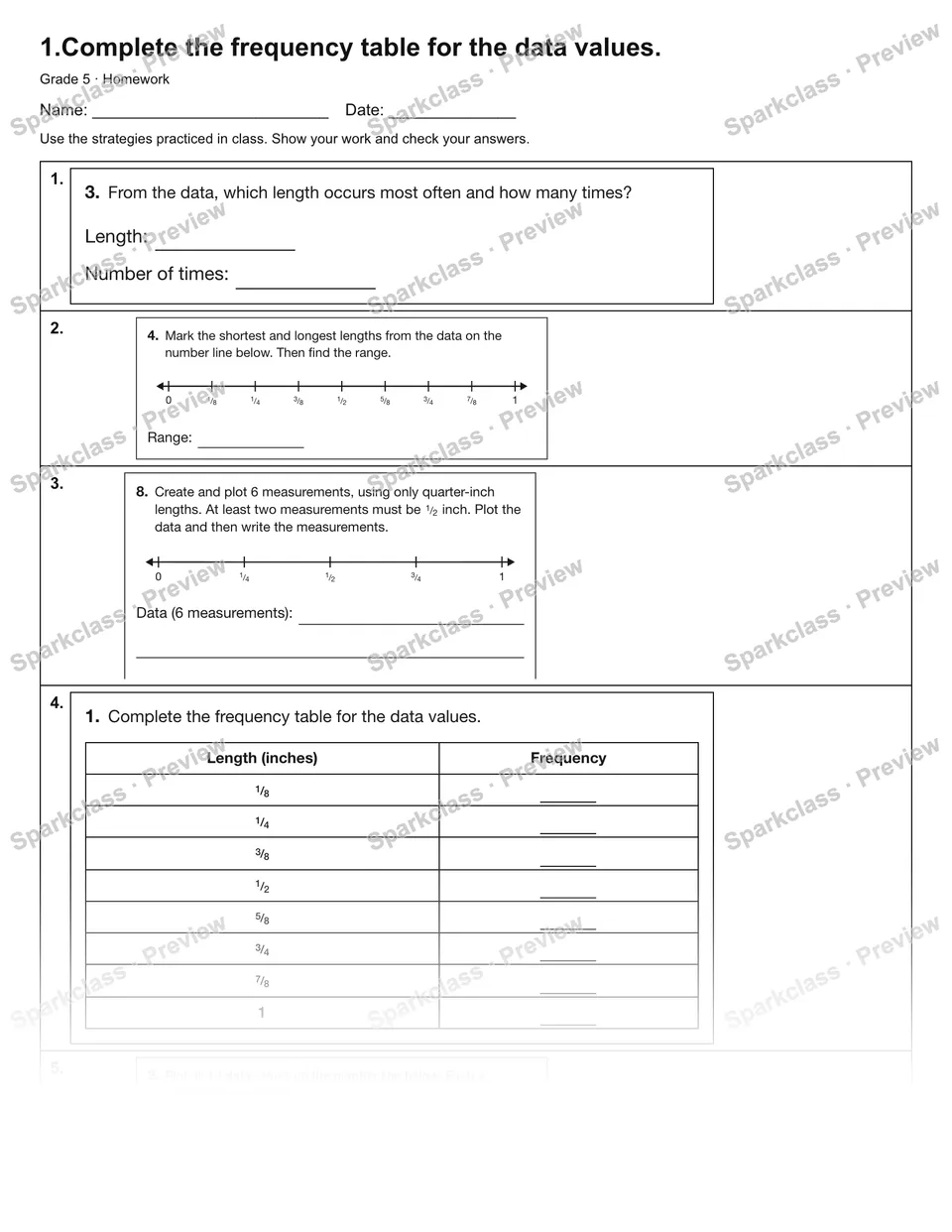 1.Complete the frequency table for the data values. — Homework — Grade 5 worksheet preview