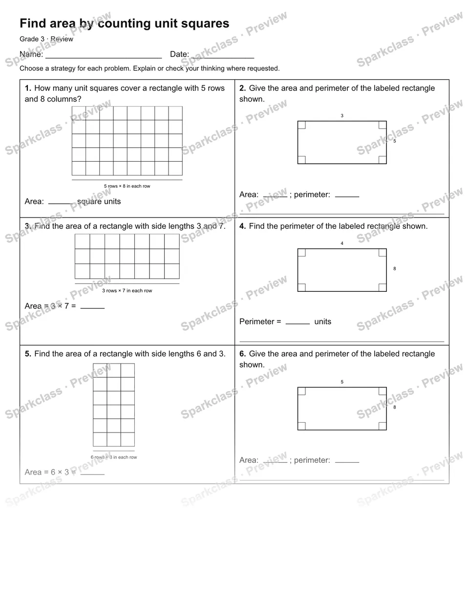 Find area by counting unit squares — Review — Grade 3 worksheet preview