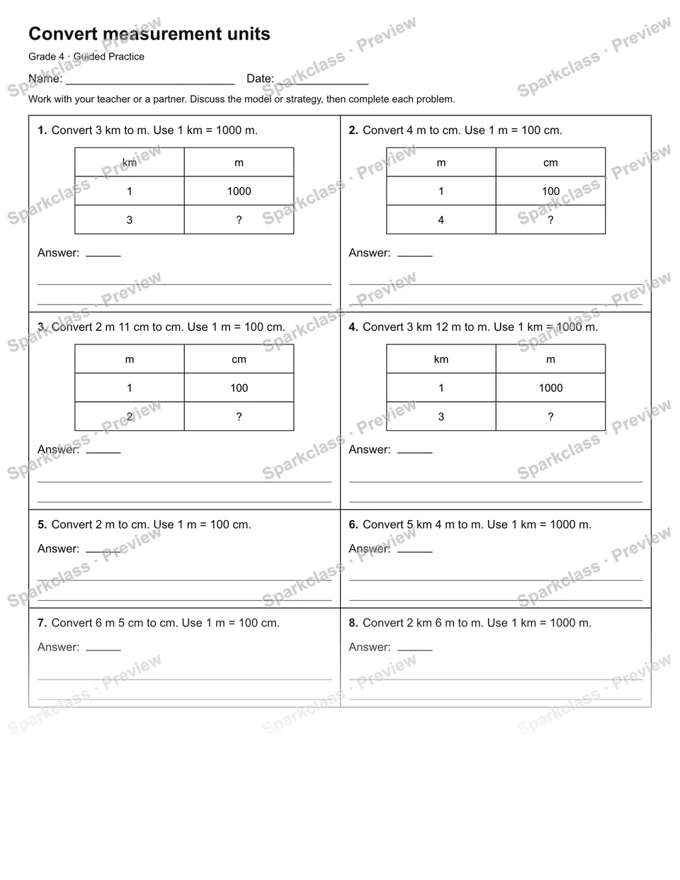Convert measurement units — Guided Practice — Grade 4 worksheet preview