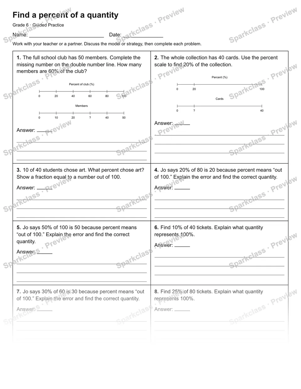 Find a percent of a quantity — Guided Practice — Grade 6 worksheet preview