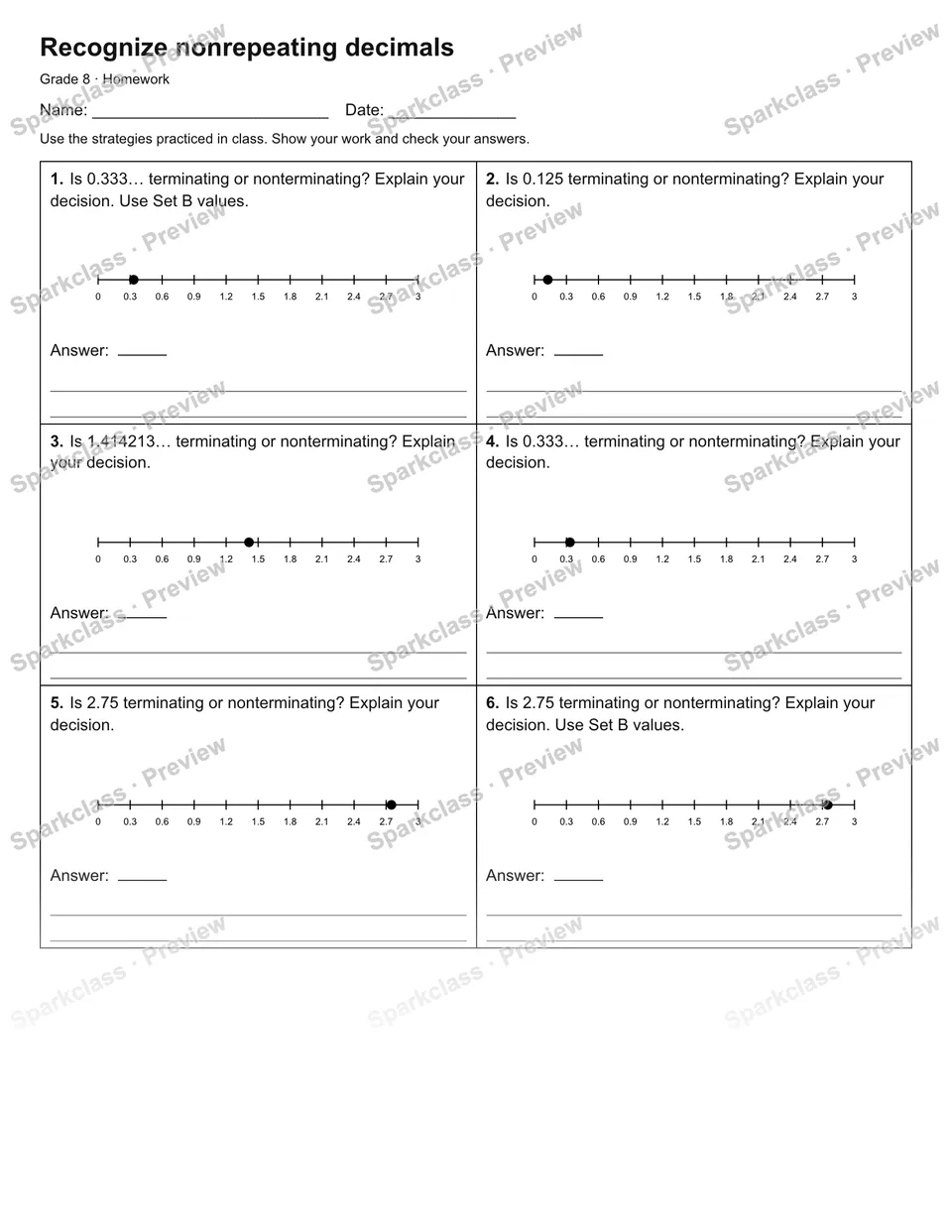 Recognize nonrepeating decimals — Homework — Grade 8 worksheet preview