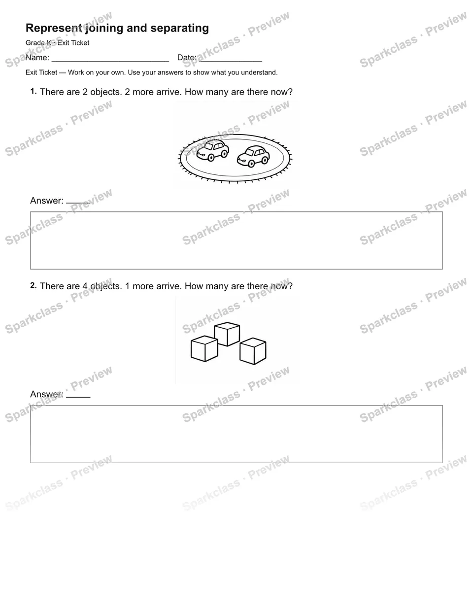 Represent joining and separating — Exit Ticket — Kindergarten worksheet preview