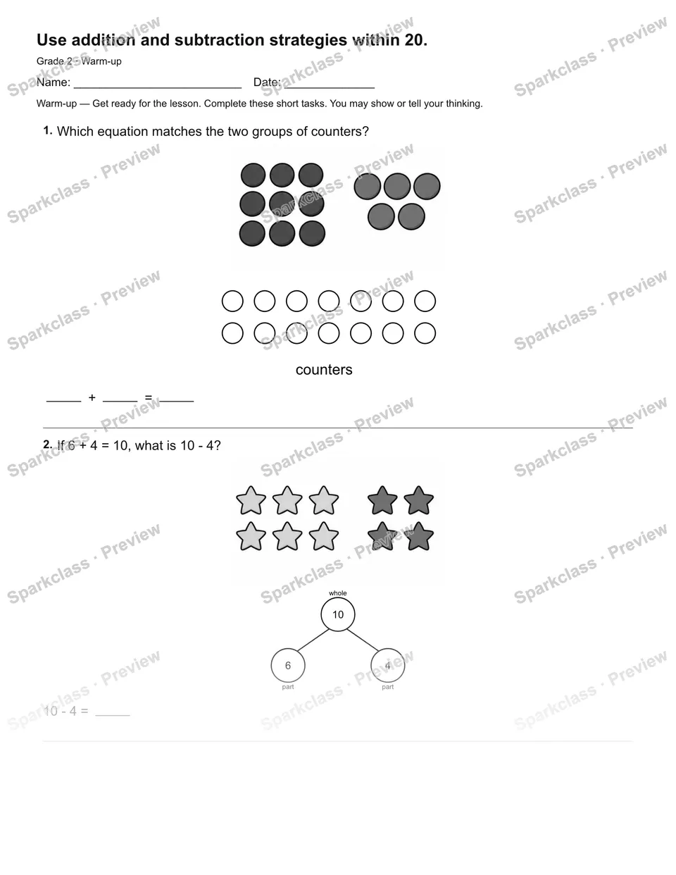 Use addition and subtraction strategies within 20. — Warm-up — page 2
