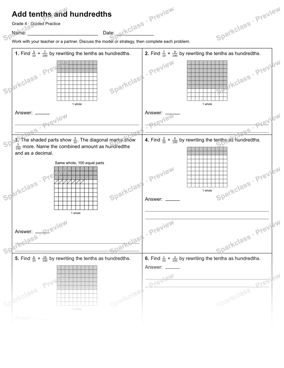 Add tenths and hundredths — Guided Practice — Grade 4 worksheet preview
