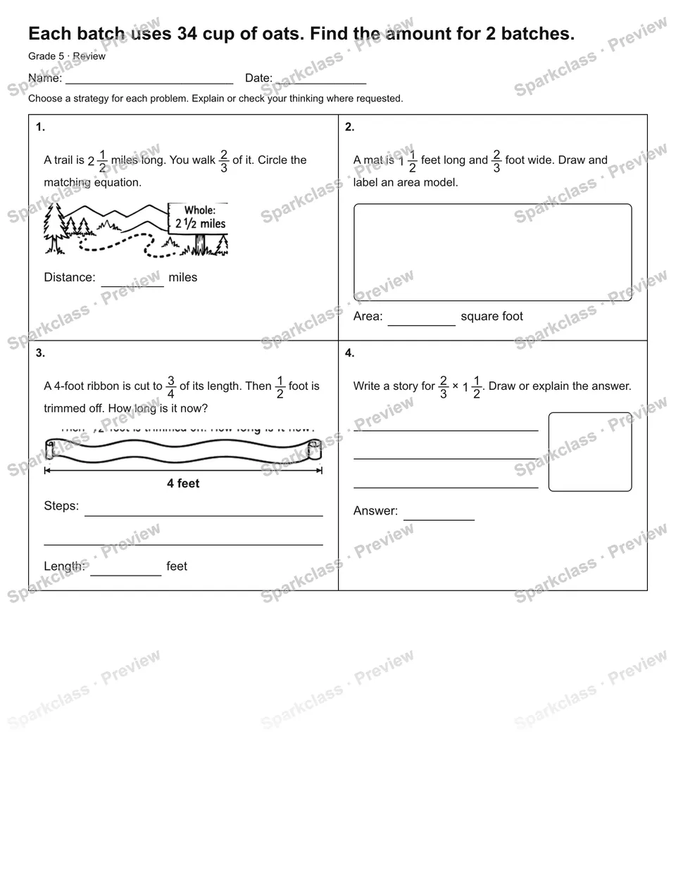 Each batch uses 34 cup of oats. Find the amount for 2 batches. — Review — Grade 5 worksheet preview