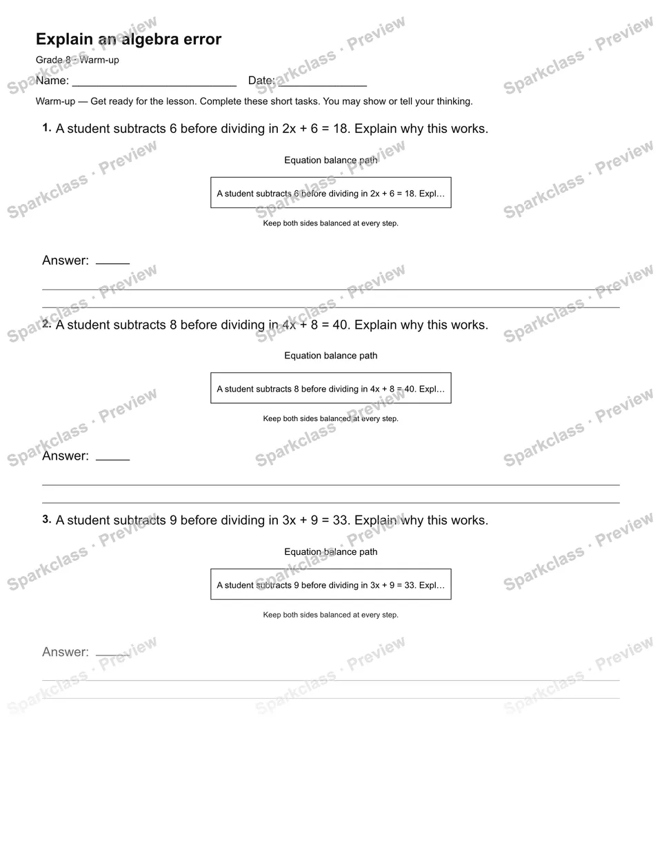 Explain an algebra error — Warm-up — page 2