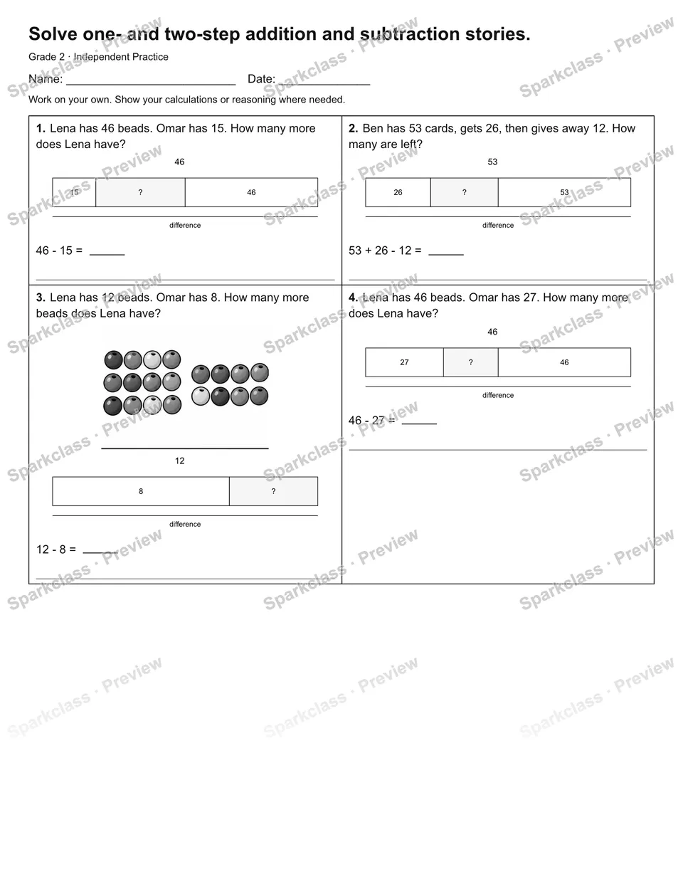 Solve one- and two-step addition and subtraction stories. — Independent Practice — Grade 2 worksheet preview