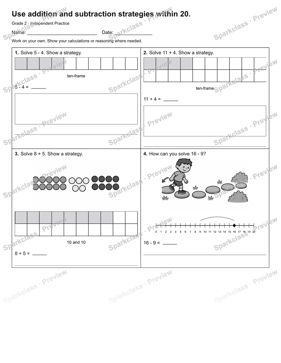 Use addition and subtraction strategies within 20. — Independent Practice — Grade 2 worksheet preview