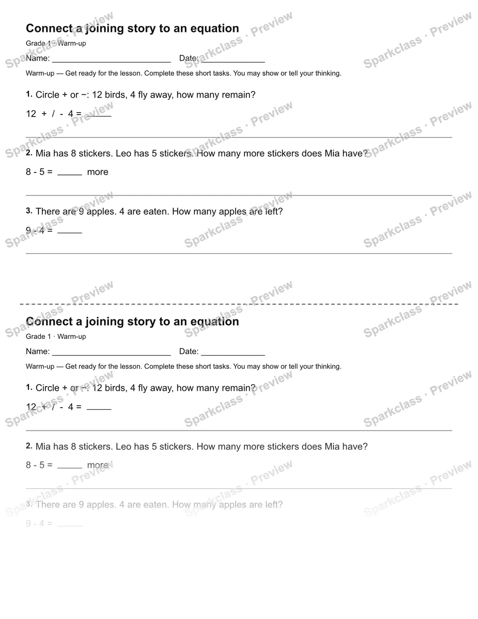 Connect a joining story to an equation — Warm-up — Grade 1 worksheet preview