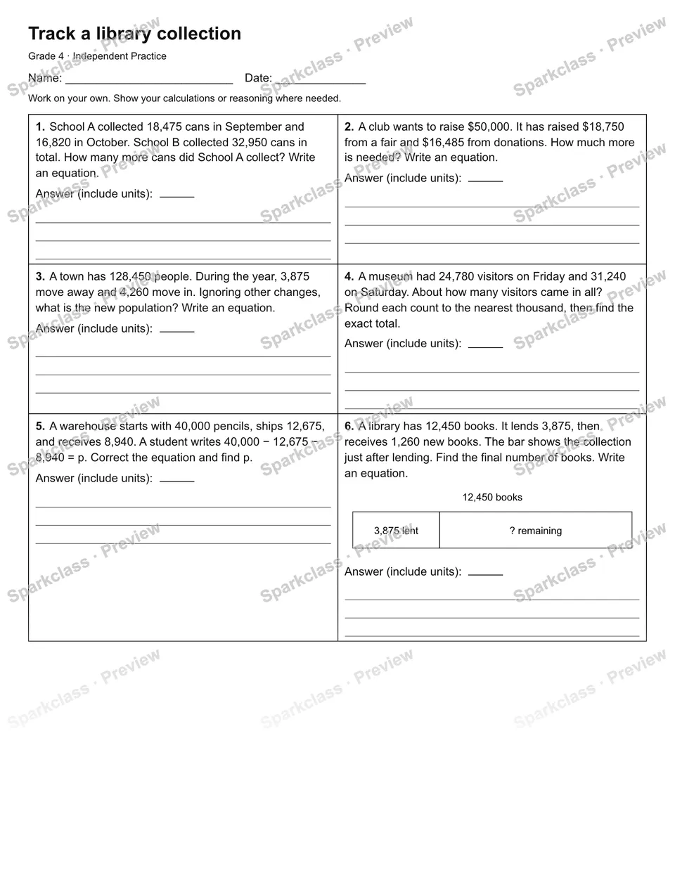 Track a library collection — Independent Practice — Grade 4 worksheet preview