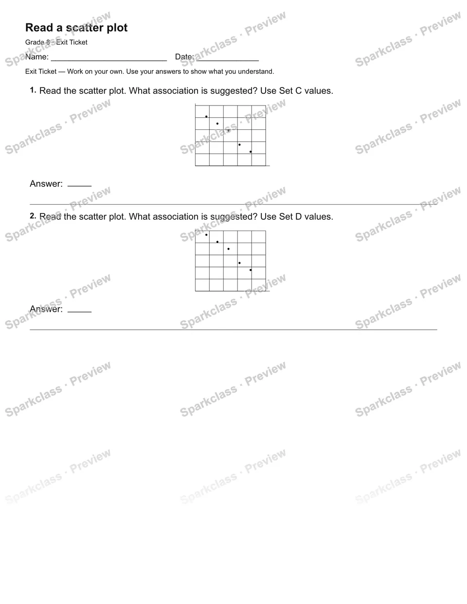 Read a scatter plot — Exit Ticket — Grade 8 worksheet preview