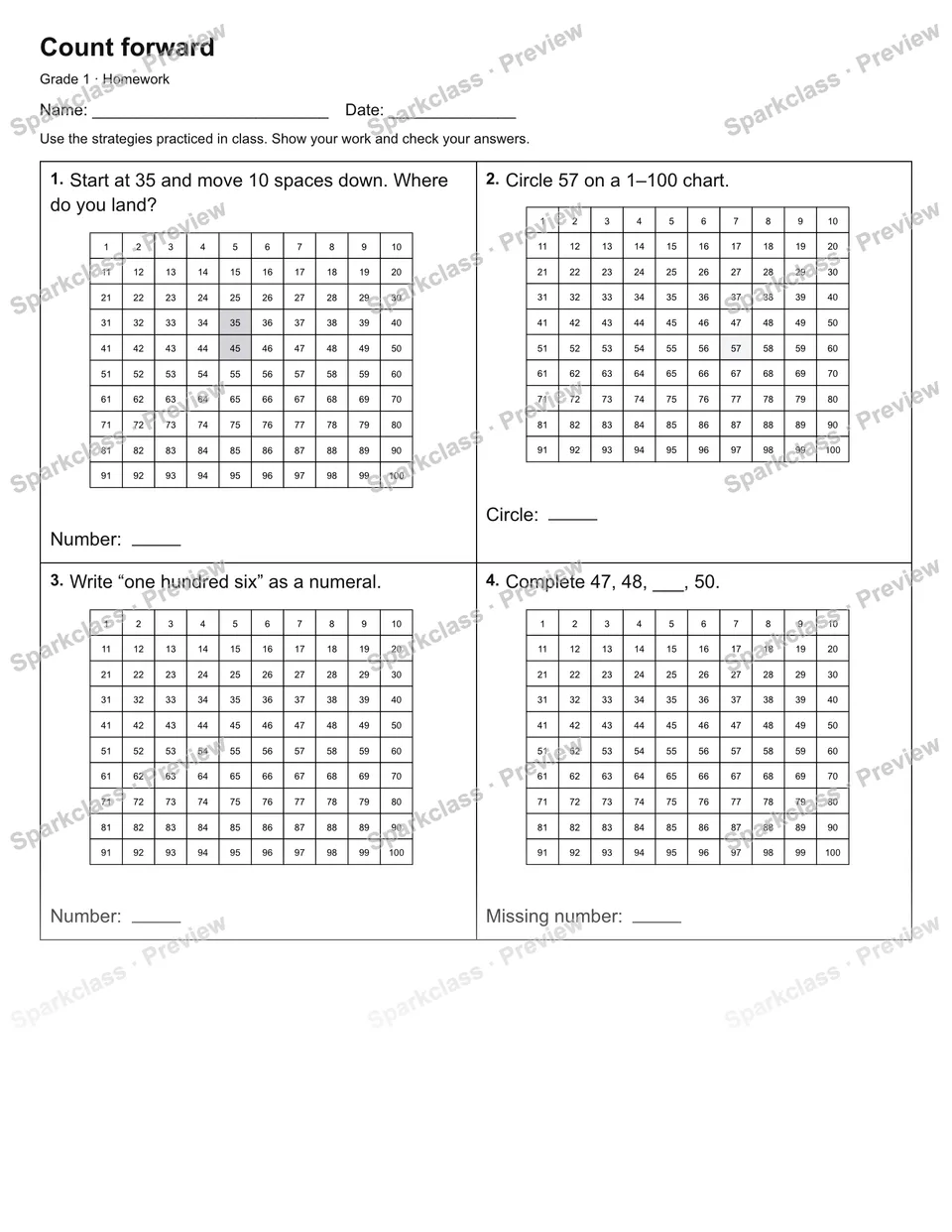Count forward — Homework — Grade 1 worksheet preview