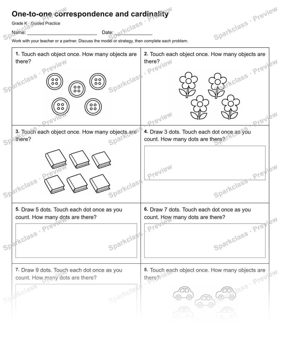 One-to-one correspondence and cardinality — Guided Practice — Kindergarten worksheet preview