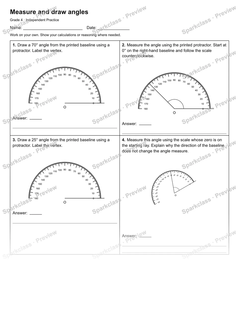 Measure and draw angles — Independent Practice — Grade 4 worksheet preview