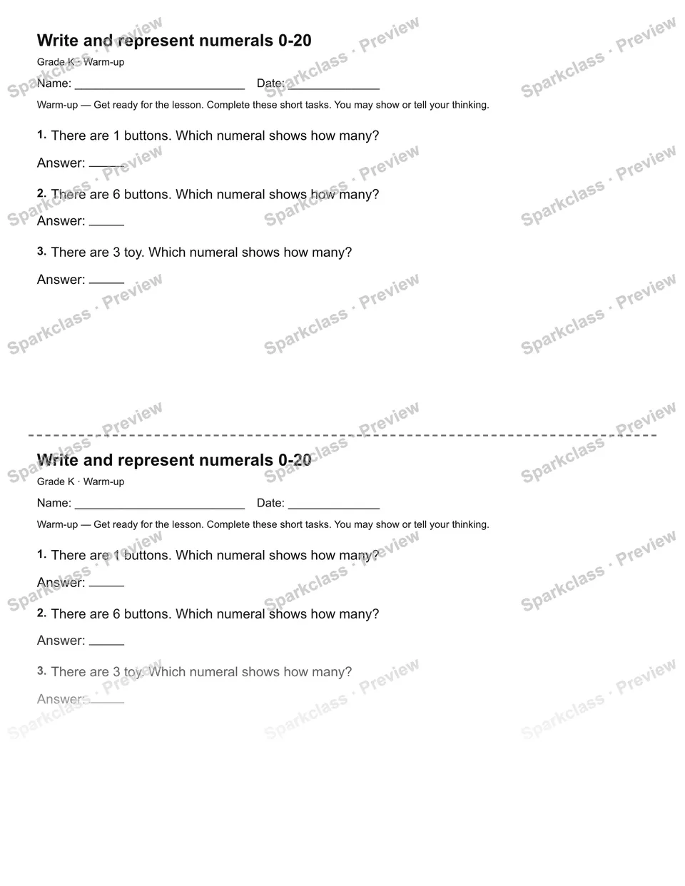 Write and represent numerals 0-20 — Warm-up — Kindergarten worksheet preview