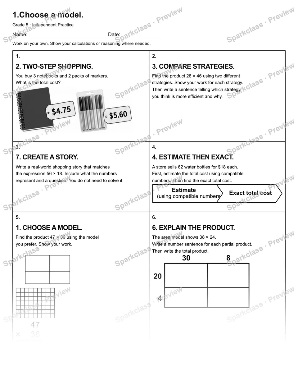 1.Choose a model. — Independent Practice — Grade 5 worksheet preview