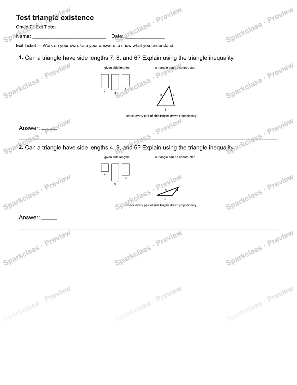 Test triangle existence — Exit Ticket — Grade 7 worksheet preview