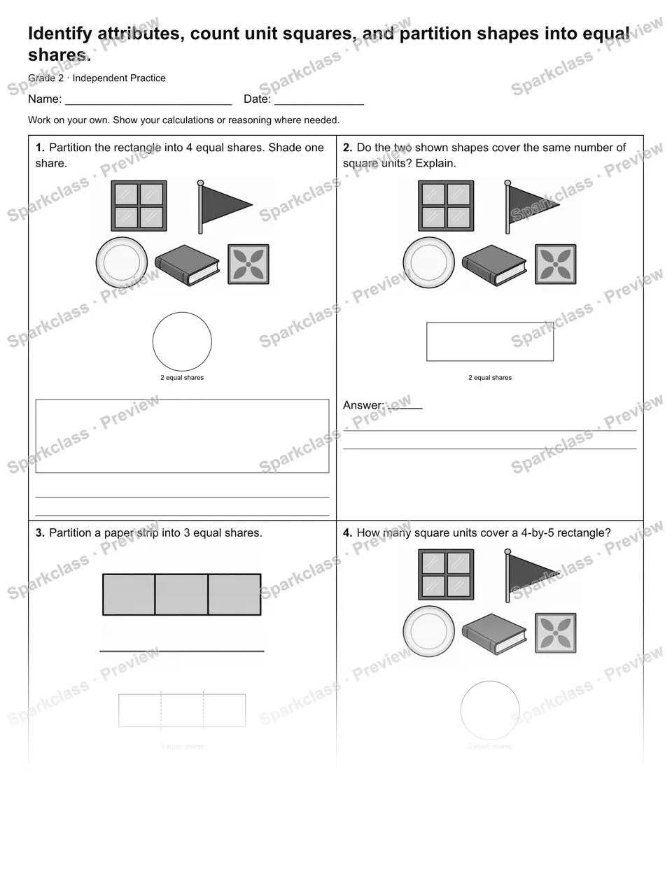 Identify attributes, count unit squares, and partition shapes into equal shares. — Independent Practice — Grade 2 worksheet preview