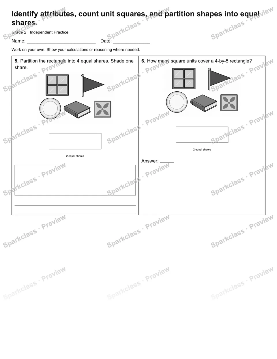 Identify attributes, count unit squares, and partition shapes into equal shares. — Independent Practice — page 2