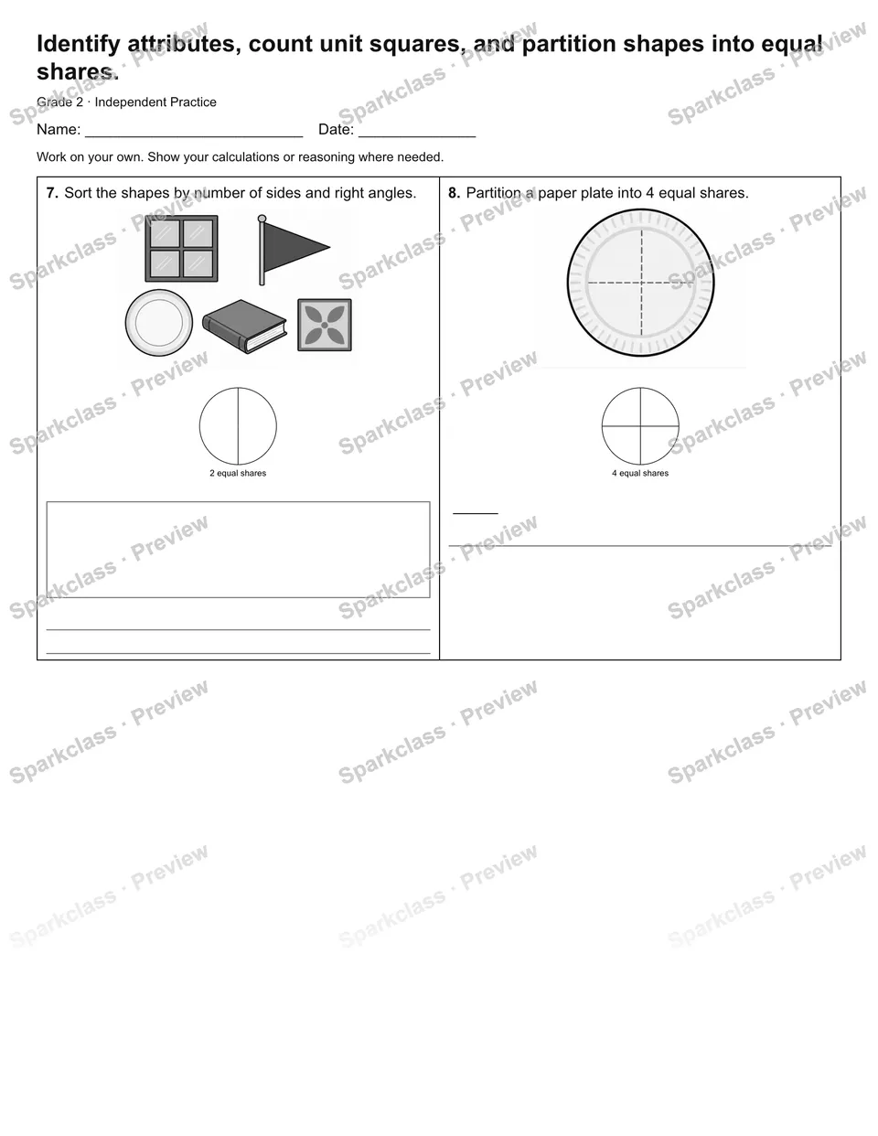 Identify attributes, count unit squares, and partition shapes into equal shares. — Independent Practice — page 3
