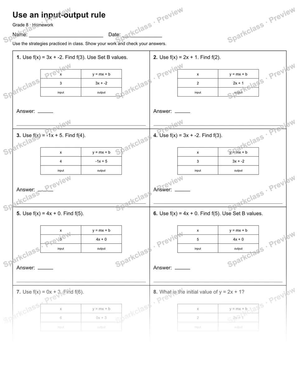 Use an input-output rule — Homework — Grade 8 worksheet preview