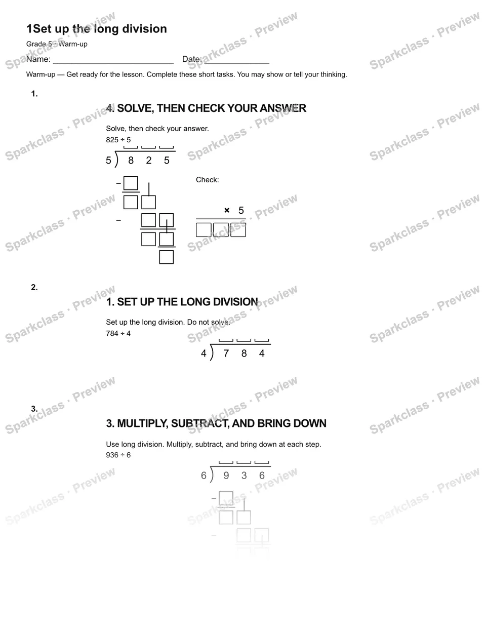 1Set up the long division — Warm-up — Grade 5 worksheet preview