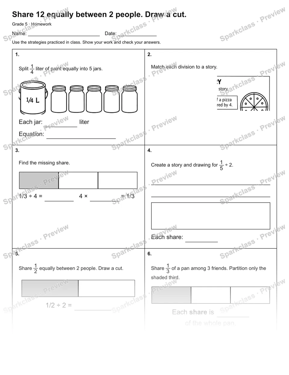 Share 12 equally between 2 people. Draw a cut. — Homework — Grade 5 worksheet preview