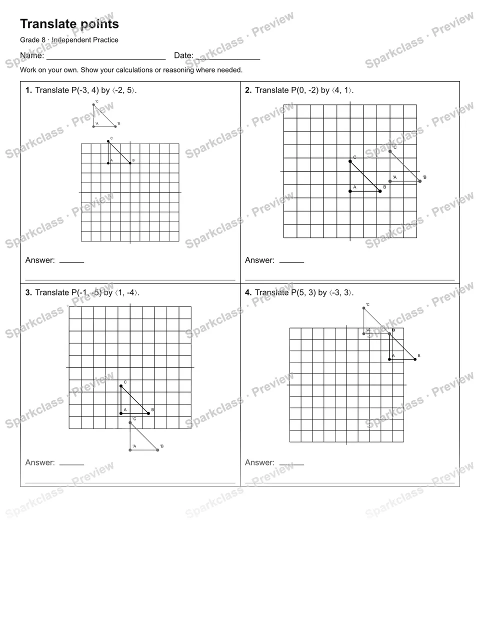 Translate points — Independent Practice — Grade 8 worksheet preview