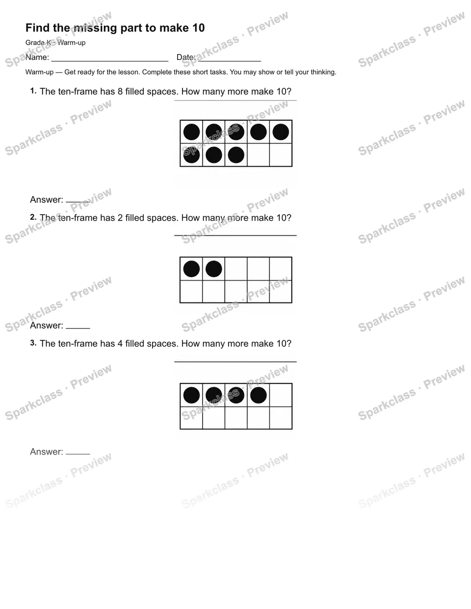 Find the missing part to make 10 — Warm-up — Kindergarten worksheet preview