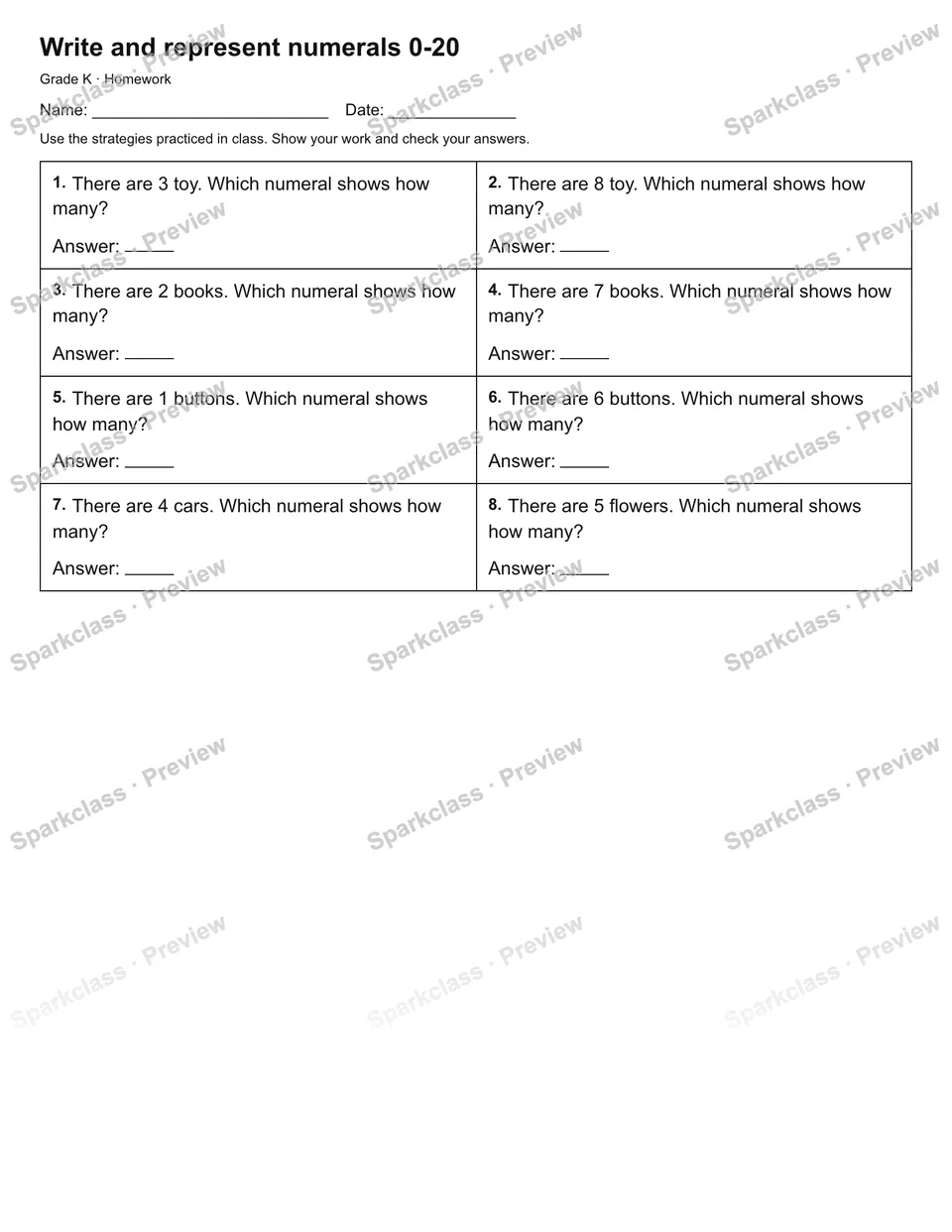 Write and represent numerals 0-20 — Homework — Kindergarten worksheet preview