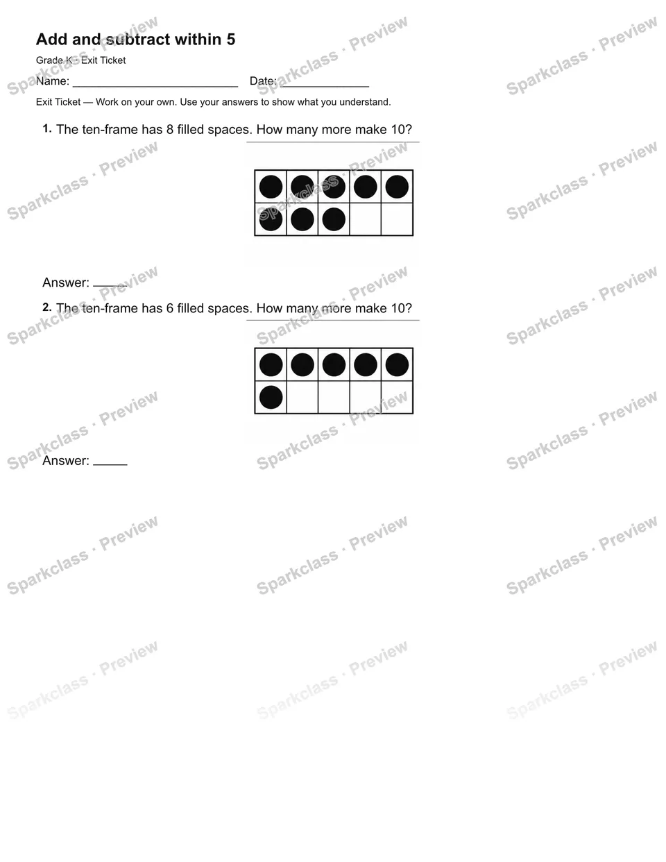 Add and subtract within 5 — Exit Ticket — Kindergarten worksheet preview