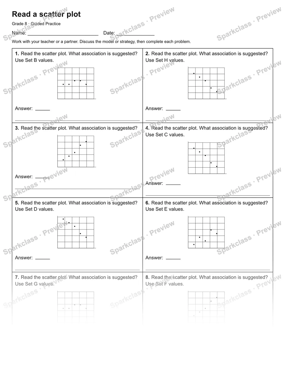 Read a scatter plot — Guided Practice — Grade 8 worksheet preview