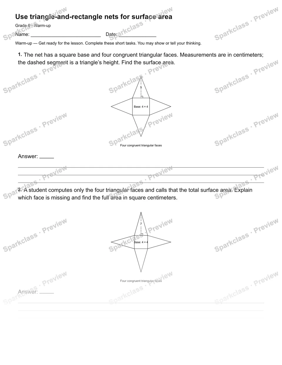 Use triangle-and-rectangle nets for surface area — Warm-up — page 2